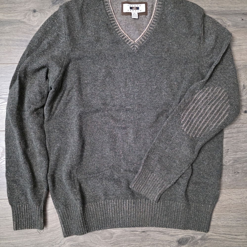 Joseph Abboud Men's V-Neck Sweater in Gray/Green with Tan Trim